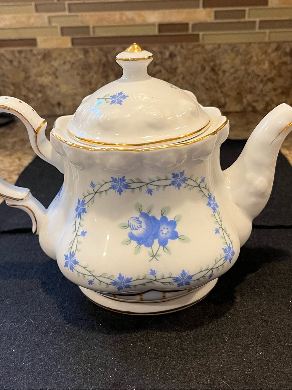 Nantucket Blue Floral Teapot, Gold Trim Porcelain China